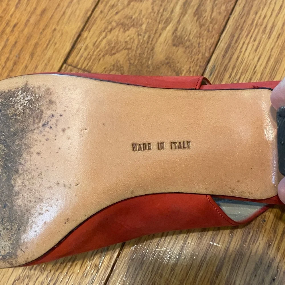 Women's Salvatore Ferragamo Double Strap Bow Red‎ Suede Heels Size 6.5
